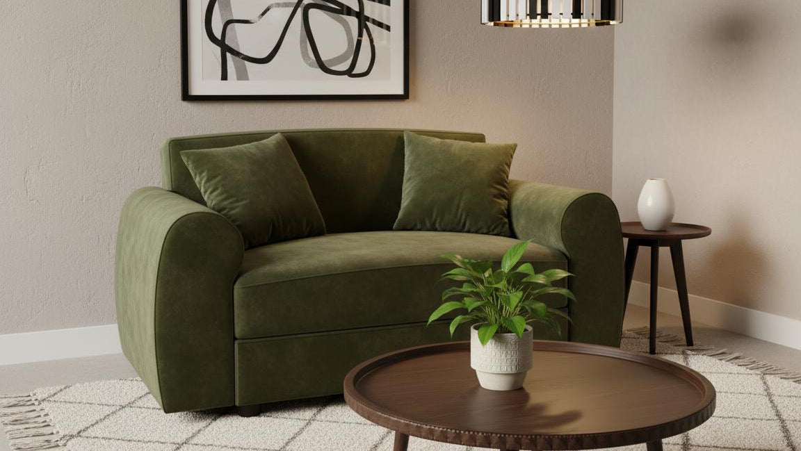 Green sofa in a living room with abstract art and a lamp.