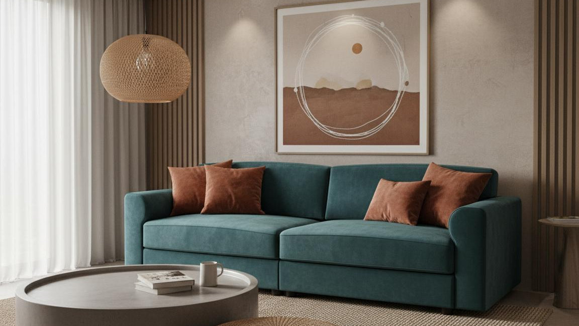 Modern living room with teal sofa, round coffee table, and decorative wall art.