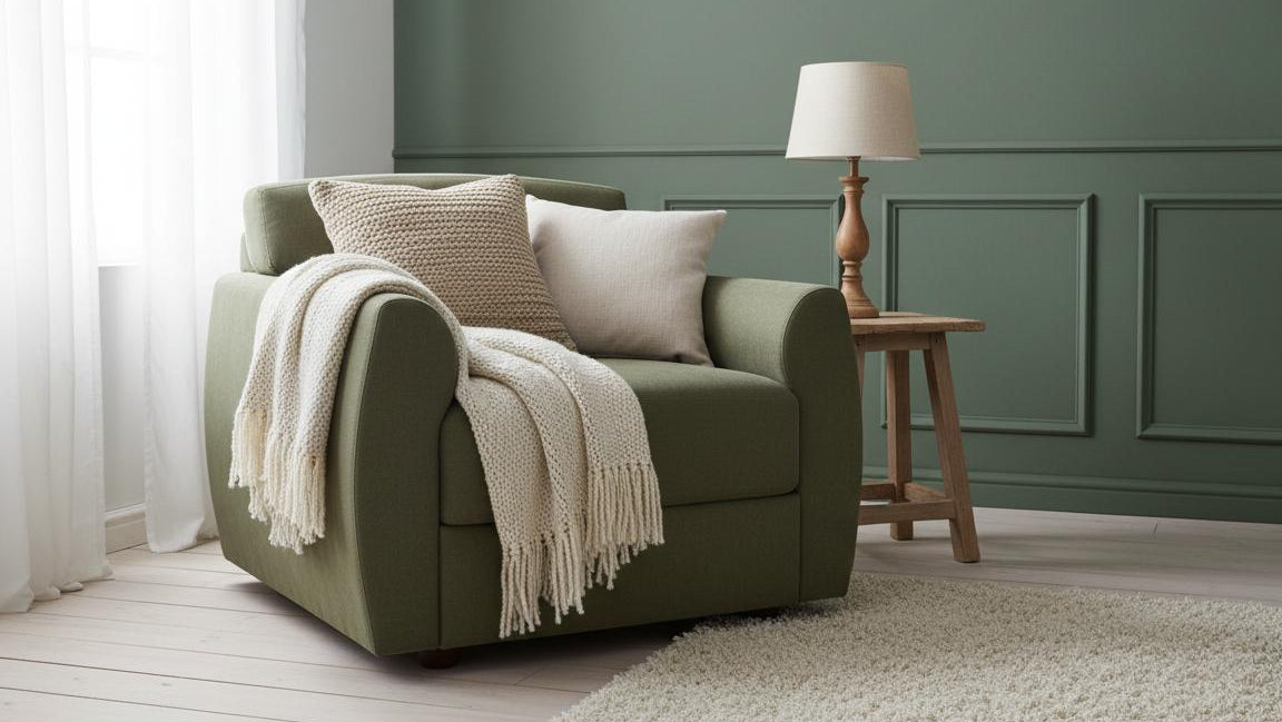Green armchair with cushions and a blanket in a room with a wooden side table and lamp.