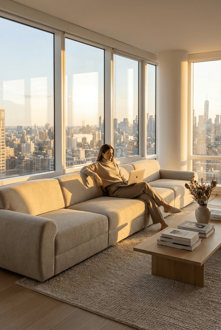Person sitting on a beige sofa in a modern living room with large windows overlooking a cityscape.
