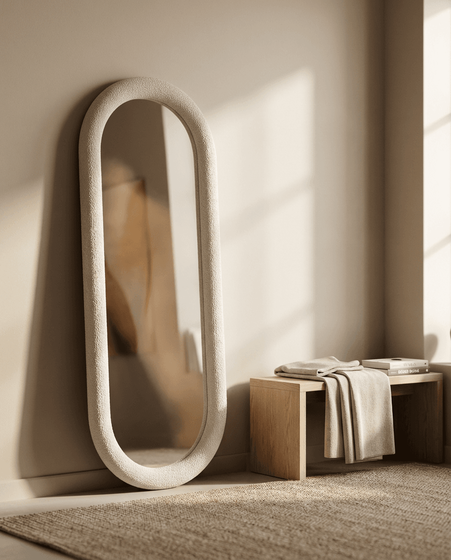 Modern oval upholstered fabric mirror with textured frame on a neutral wall