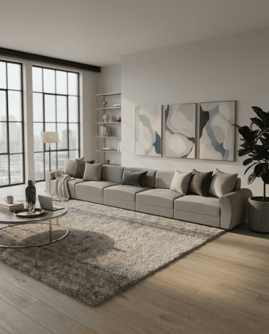 Modern living room with a gray sectional sofa, abstract art, and large windows.