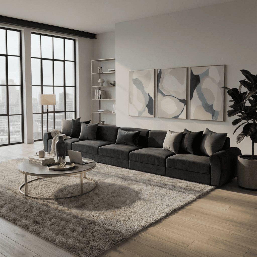 Modern living room with a gray sectional sofa, coffee table, and abstract art on the wall.