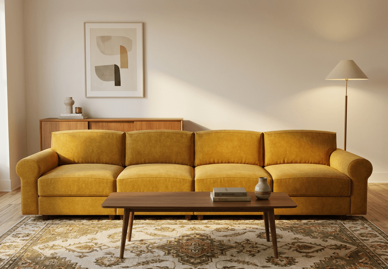 Yellow sofa in a living room with a coffee table and decorative items.