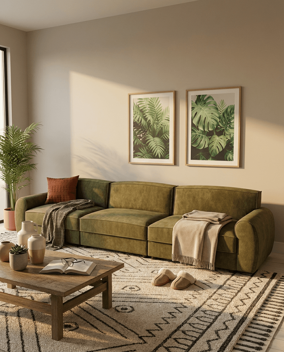 Living room with a green sofa, wooden coffee table, and framed plant pictures on the wall.