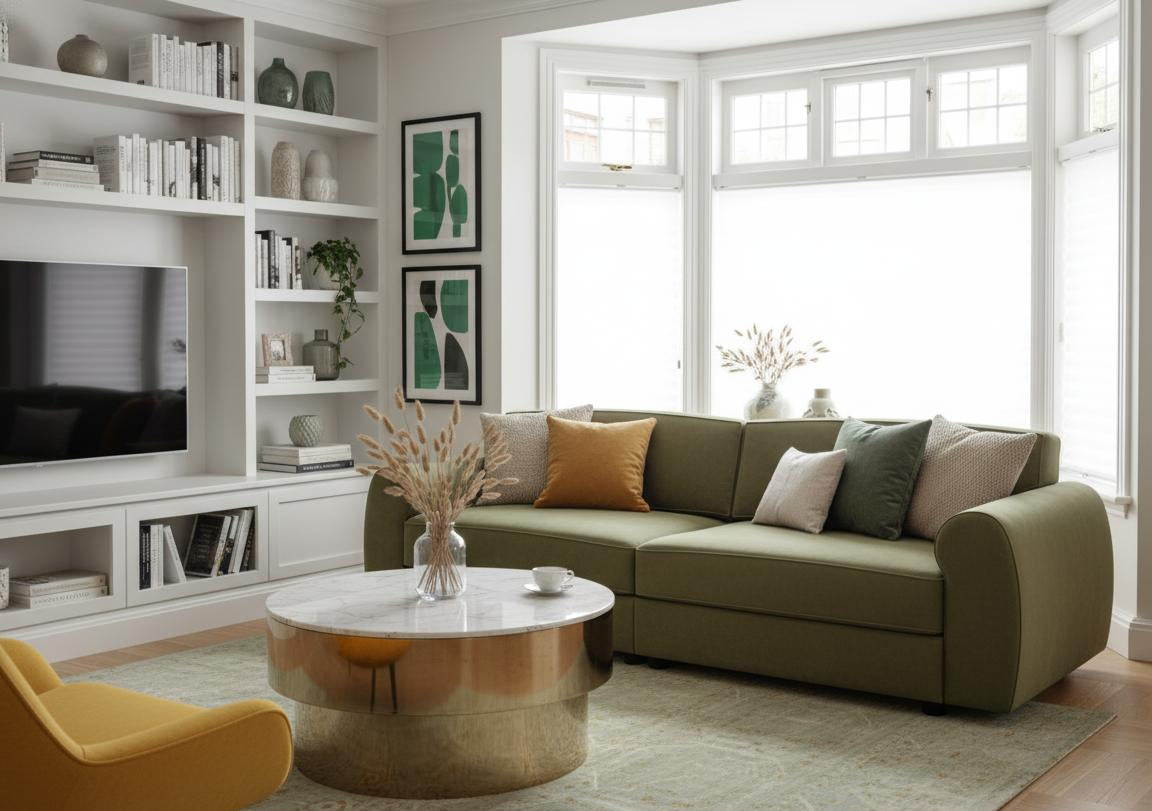 Modern living room with a sectional sofa, coffee table, and bookshelves.