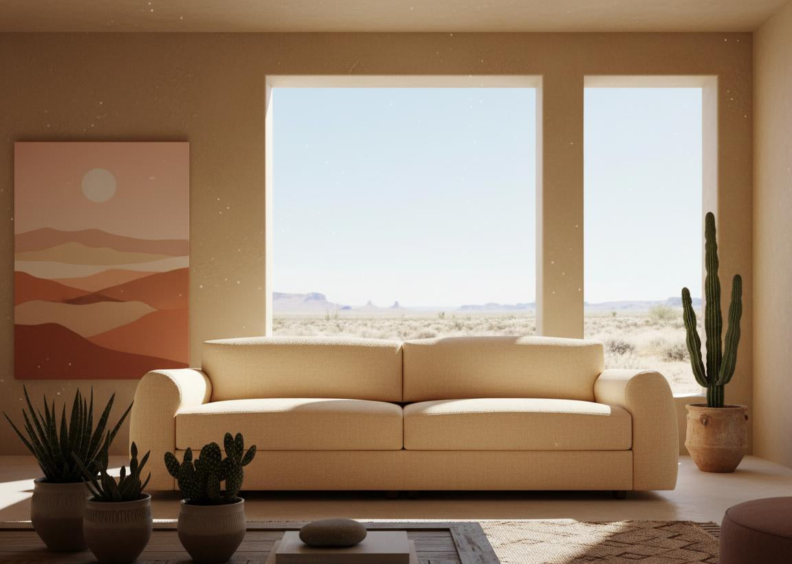 Modern living room with beige sofa, cacti, and a large window view.