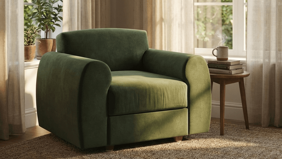 Green armchair in a room with large windows and curtains