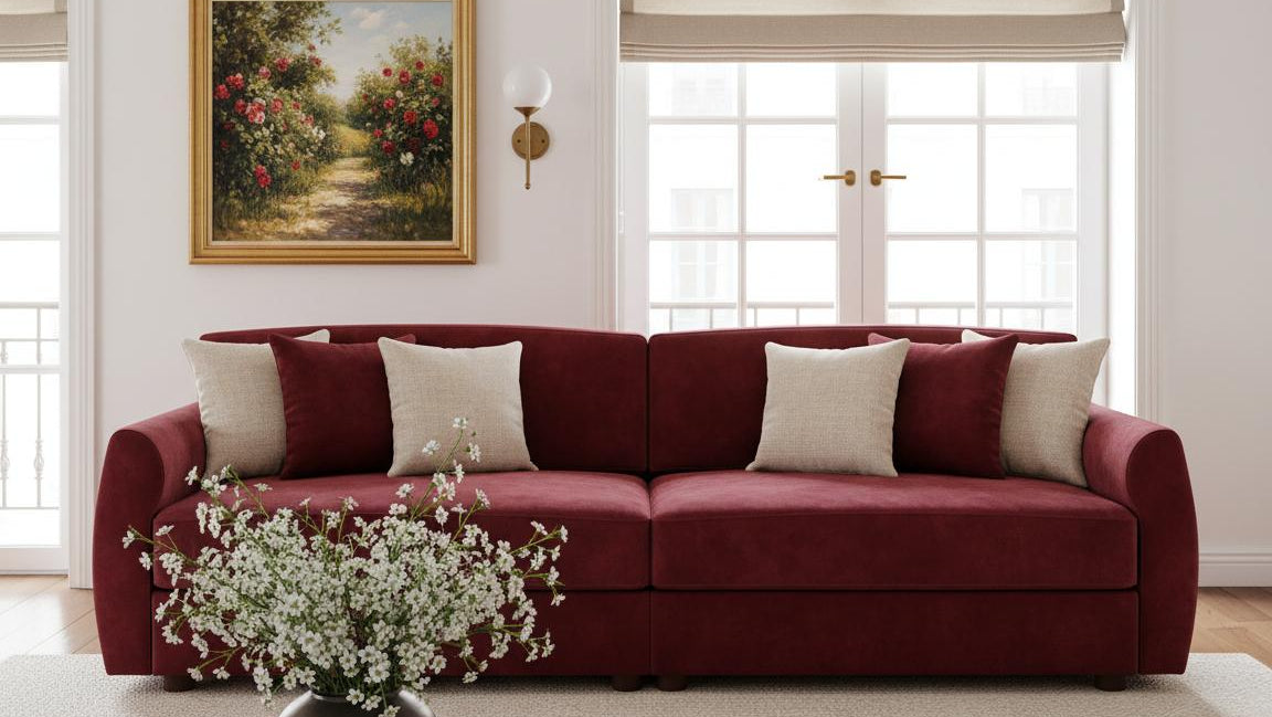 Red sofa in a living room with a painting and flowers on a table.